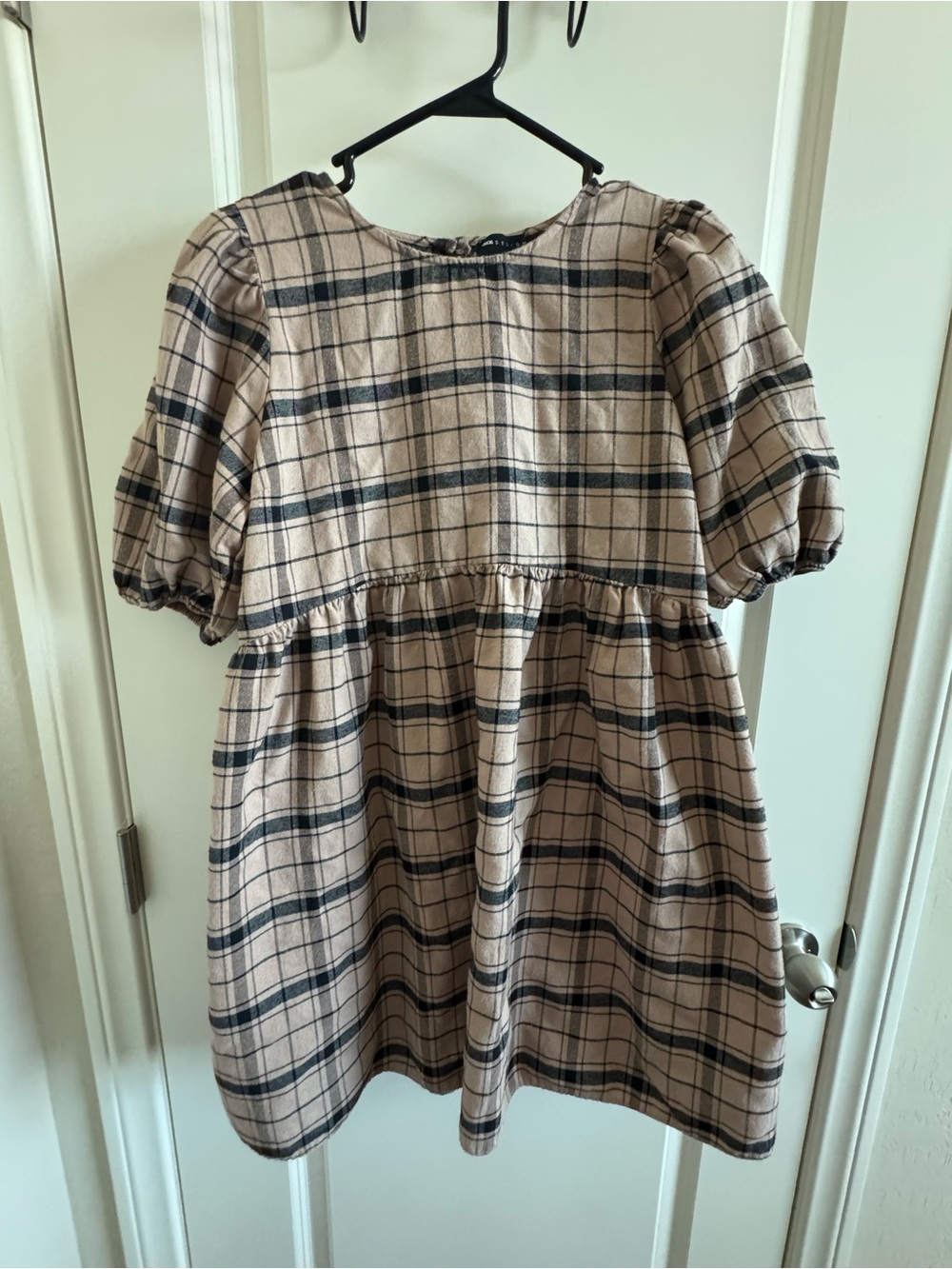 ASOS Beige and Black Plaid Puff-Sleeve Dress